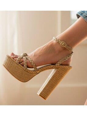 Gold Braided Raffia Platform Heels With Ankle Strap Block Heel